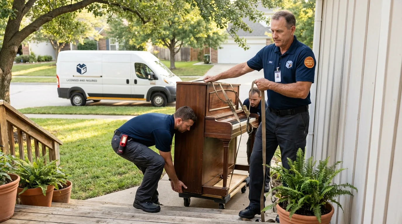 Licensed piano movers securing grand piano in Marysville, KS
