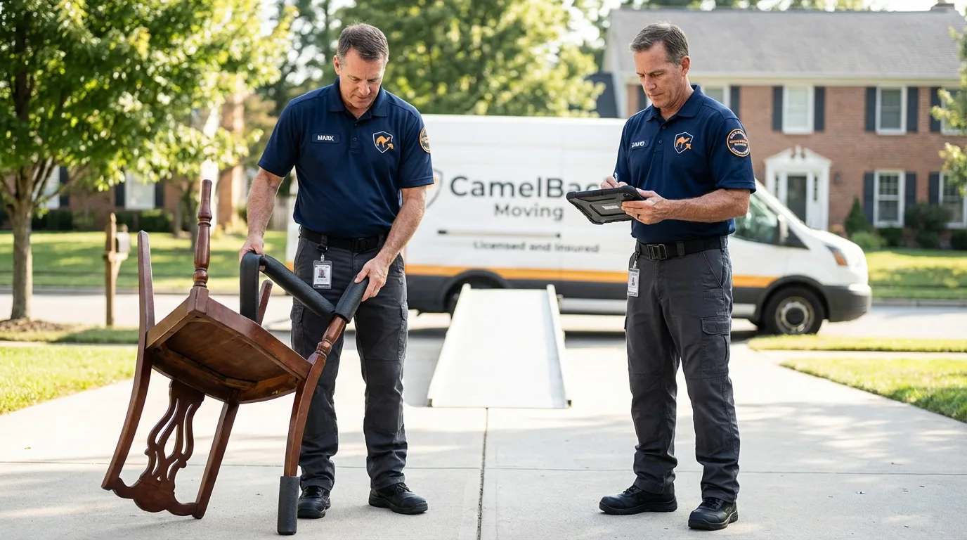 Movers inspecting furniture for damage prevention before loading in Marysville, KS