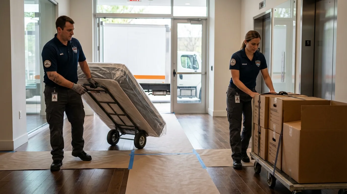 Professional apartment movers loading elevator in Marysville, KS