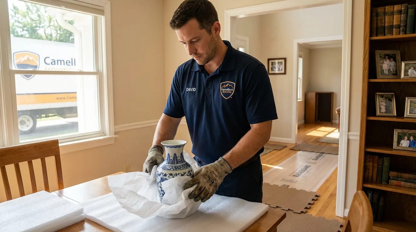 Professional crew carefully wrapping antique vase for senior downsizing move in Marysville, KS